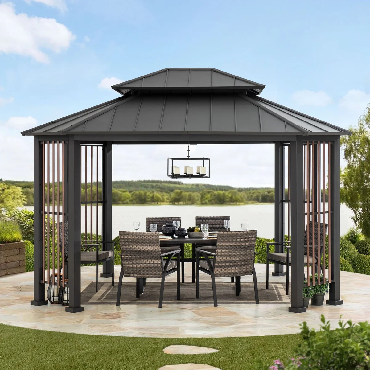 Clean and shiny metal gazebo roof outdoors